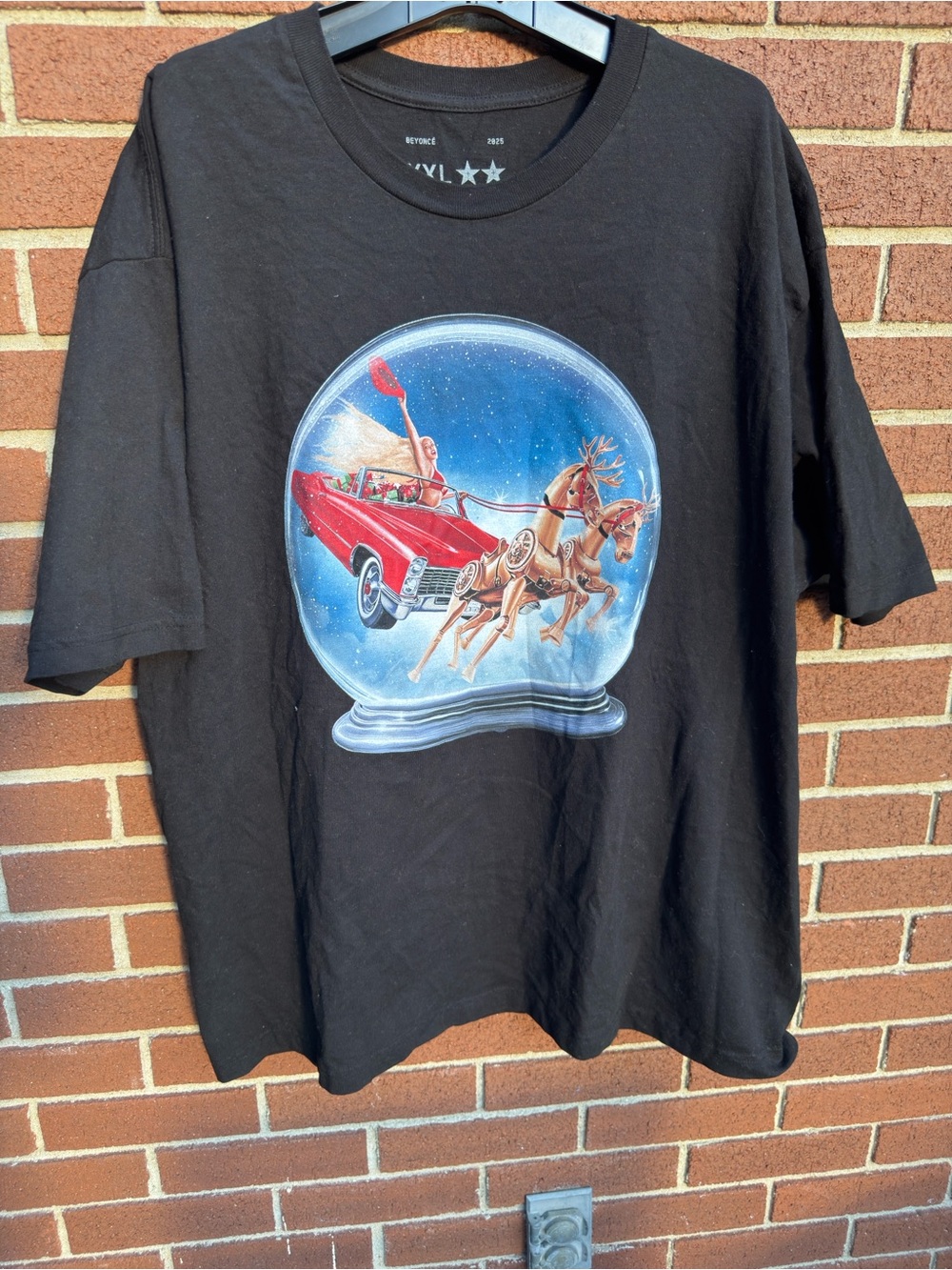 Black Graphic Short Sleeve Tee with Red Car Snow Globe Print